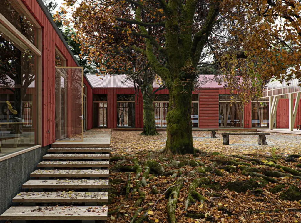 10 best architectural visualization studios Architectural visualization of a wooden courtyard building integrated with trees and autumn landscape