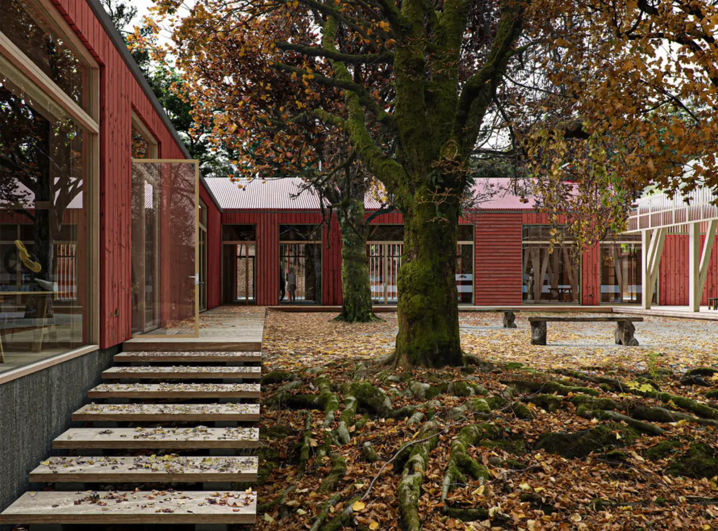 Architectural visualization of a wooden courtyard building integrated with trees and autumn landscape