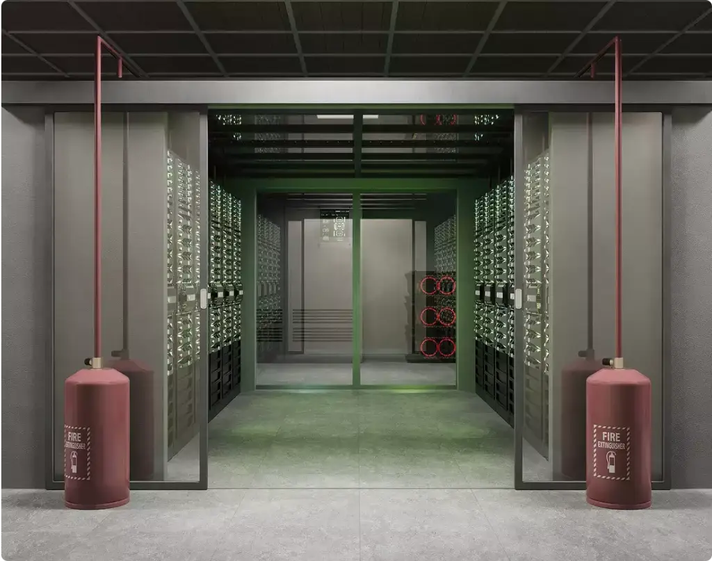 Render of a locker corridor with green metal lockers, glass doors and red fire extinguishers