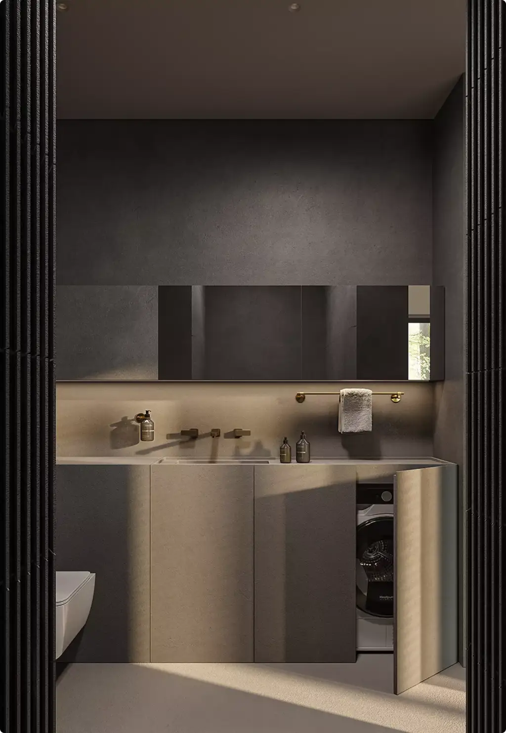 Minimalistisch badkamermeubel in 3D-interieurvisualisatie met weggewerkte wasmachine en bronzen kranen