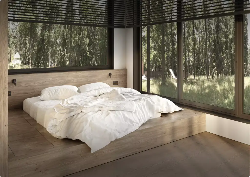 3D-interieurvisualisatie van een slaapkamer met laag houten bed, wit beddengoed, grote ramen en bosuitzicht