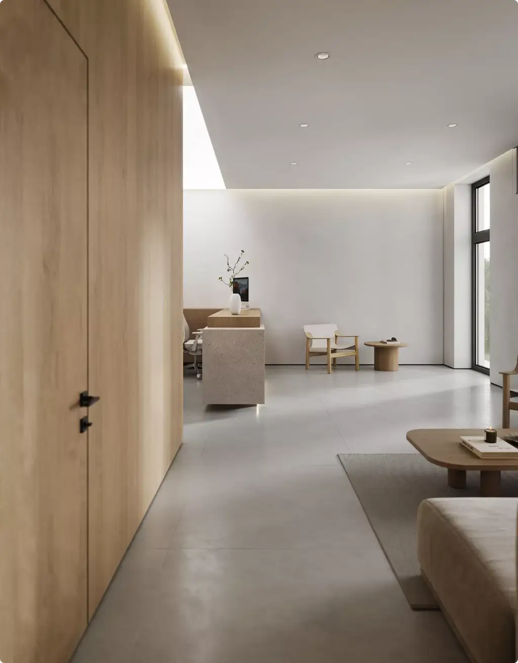 Minimalistische wachtruimte van een kliniek in 3D-interieurvisualisatie met houten panelen en loungezitplaatsen