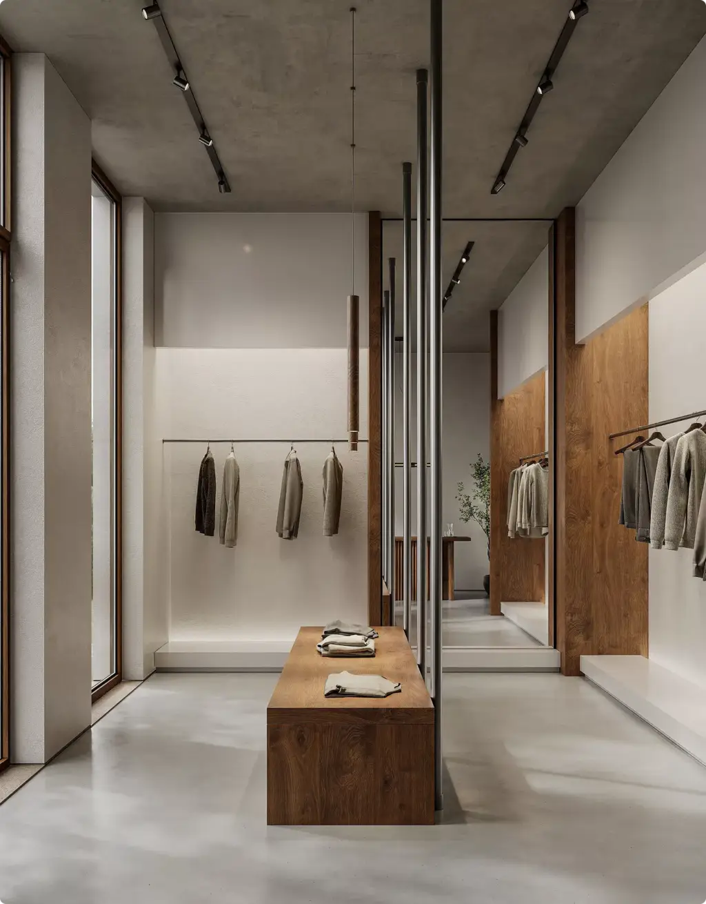 Moderne kledingboetiek in 3D-interieurvisualisatie met houten zitbank en kledingdisplays