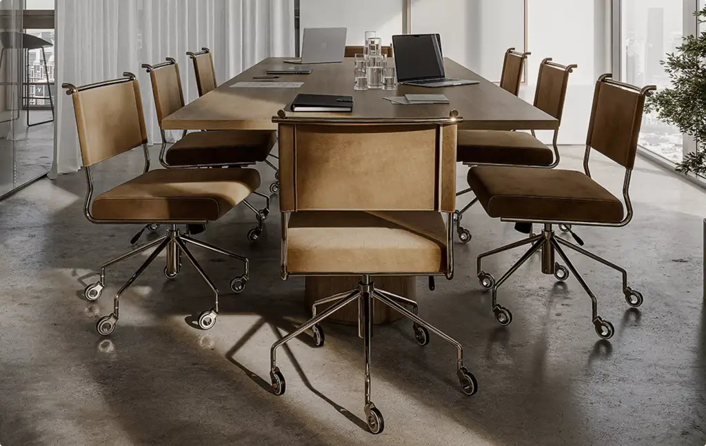 Vergadertafel met verrijdbare stoelen in 3D-interieurvisualisatie en laptops op het tafelblad