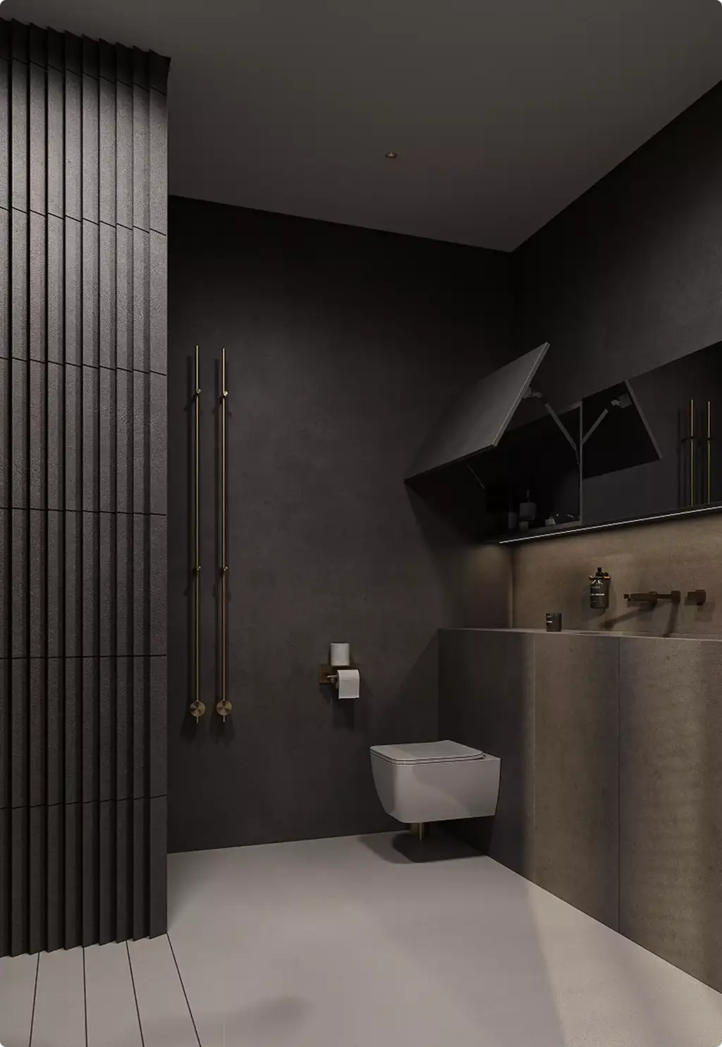 Donkere minimalistische badkamer in 3D-interieurvisualisatie met zwevend toilet en structuurwanden