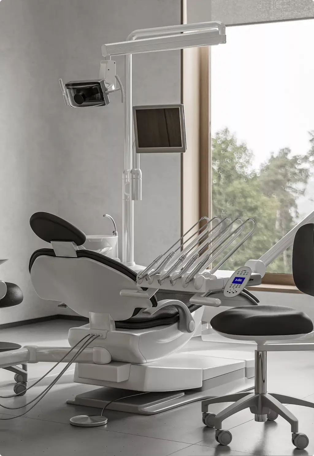 Close-up van een tandartsstoel in 3D-interieurvisualisatie met behandellamp en monitor