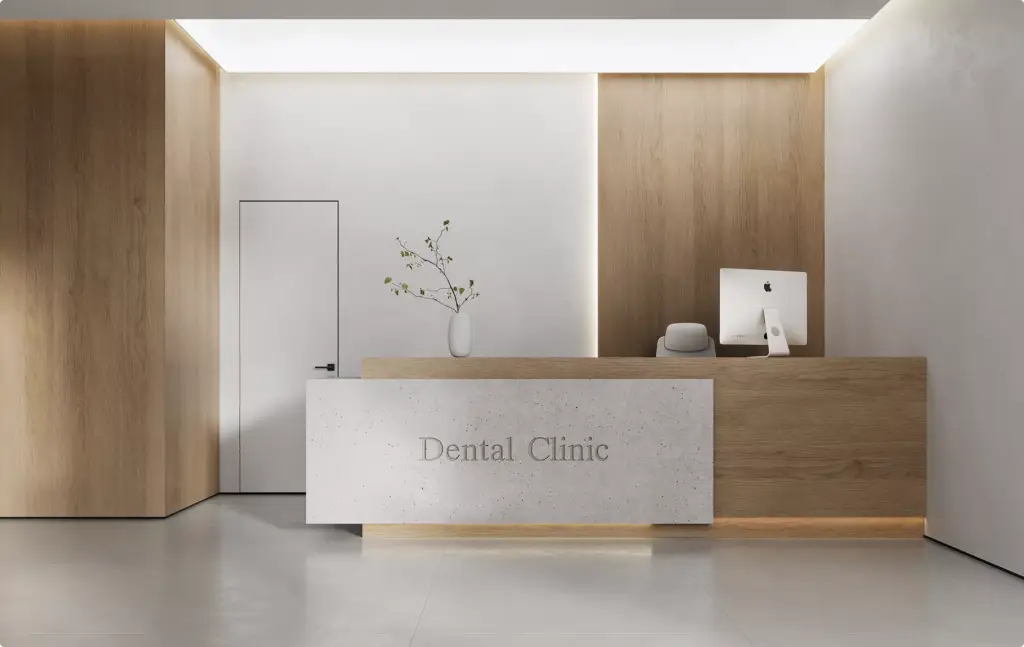 Minimalistische receptiebalie van een tandartspraktijk in 3D-interieurvisualisatie met hout- en steenafwerking