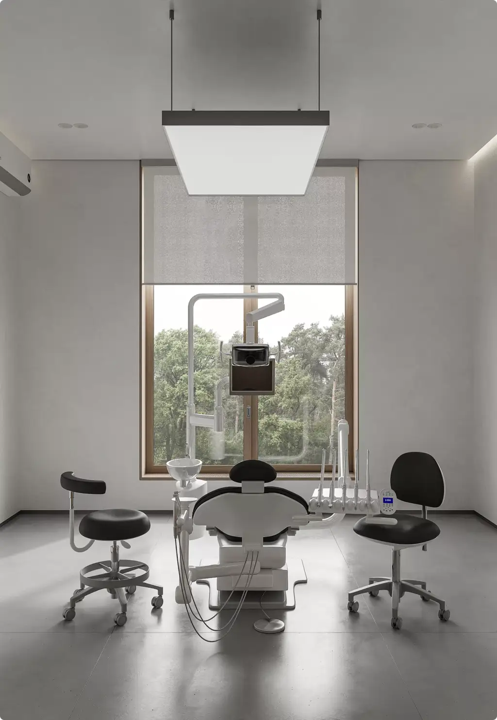 Moderne tandheelkundige behandelkamer in 3D-interieurvisualisatie met behandelstoel en panoramaraam