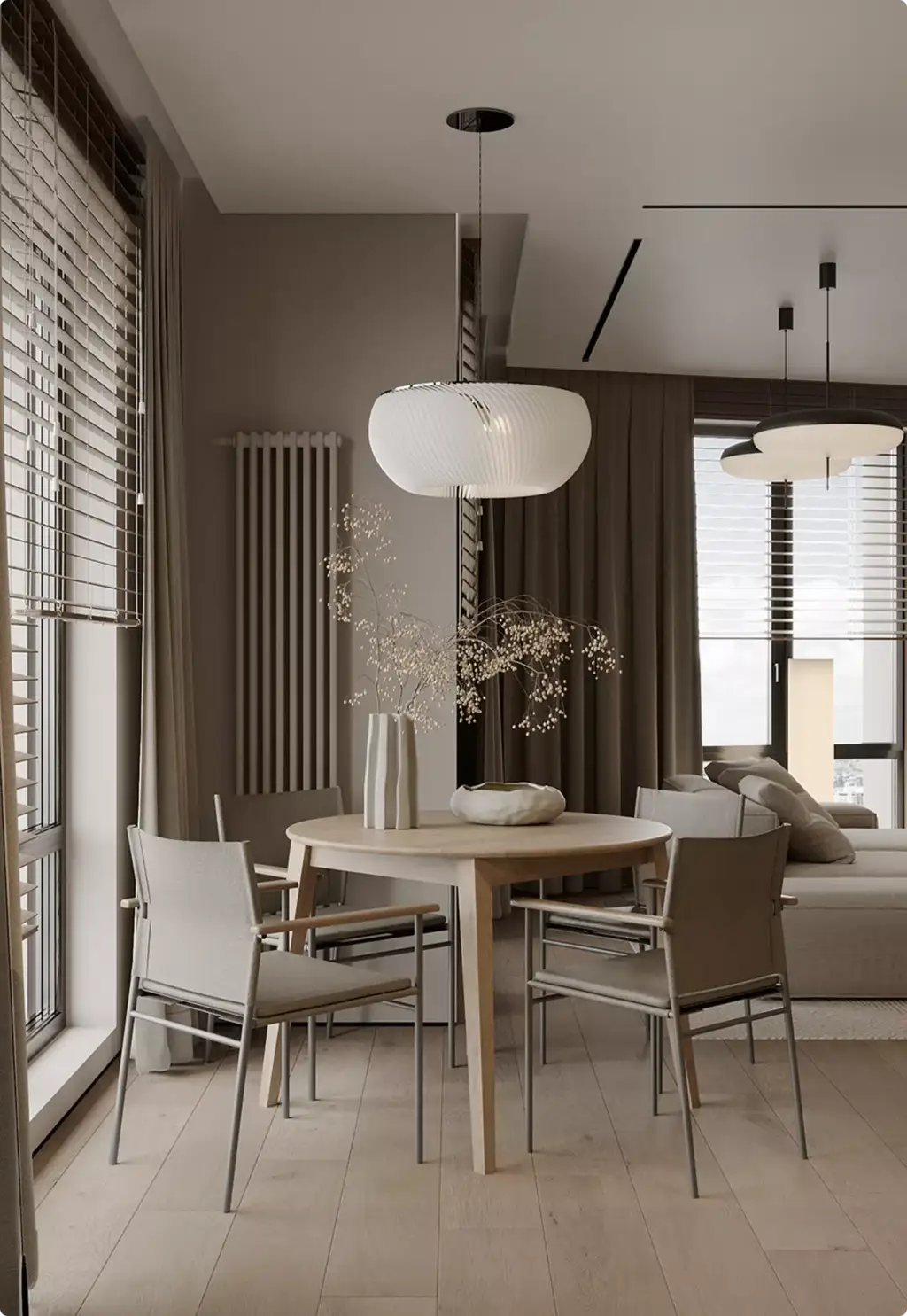 Eethoek met ronde tafel in 3D-interieurvisualisatie en zacht neutraal raamlicht