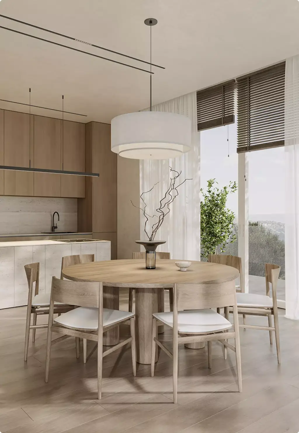 Ronde eettafel naast een moderne keuken in een lichte 3D-interieurvisualisatie met hoge ramen