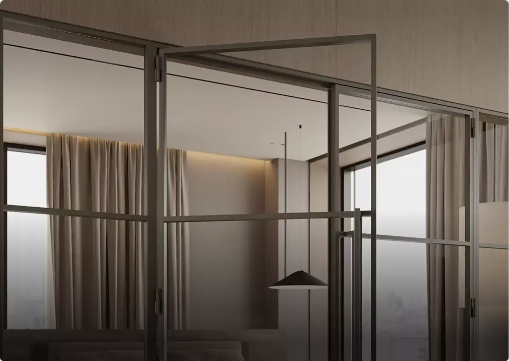 3D-interieurvisualisatie van een moderne glazen scheidingswand met metalen frame, gordijnen en zachte binnenverlichting