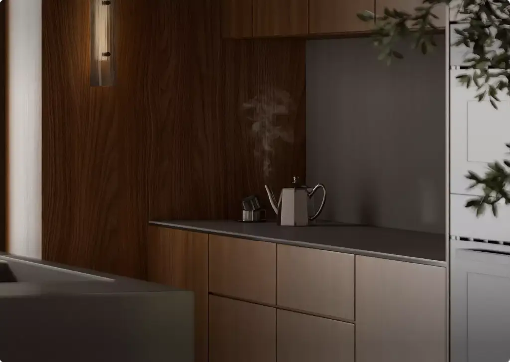 3D-interieurvisualisatie van een modern keukenblad met houten kasten, metalen waterkoker, stoom en zacht licht