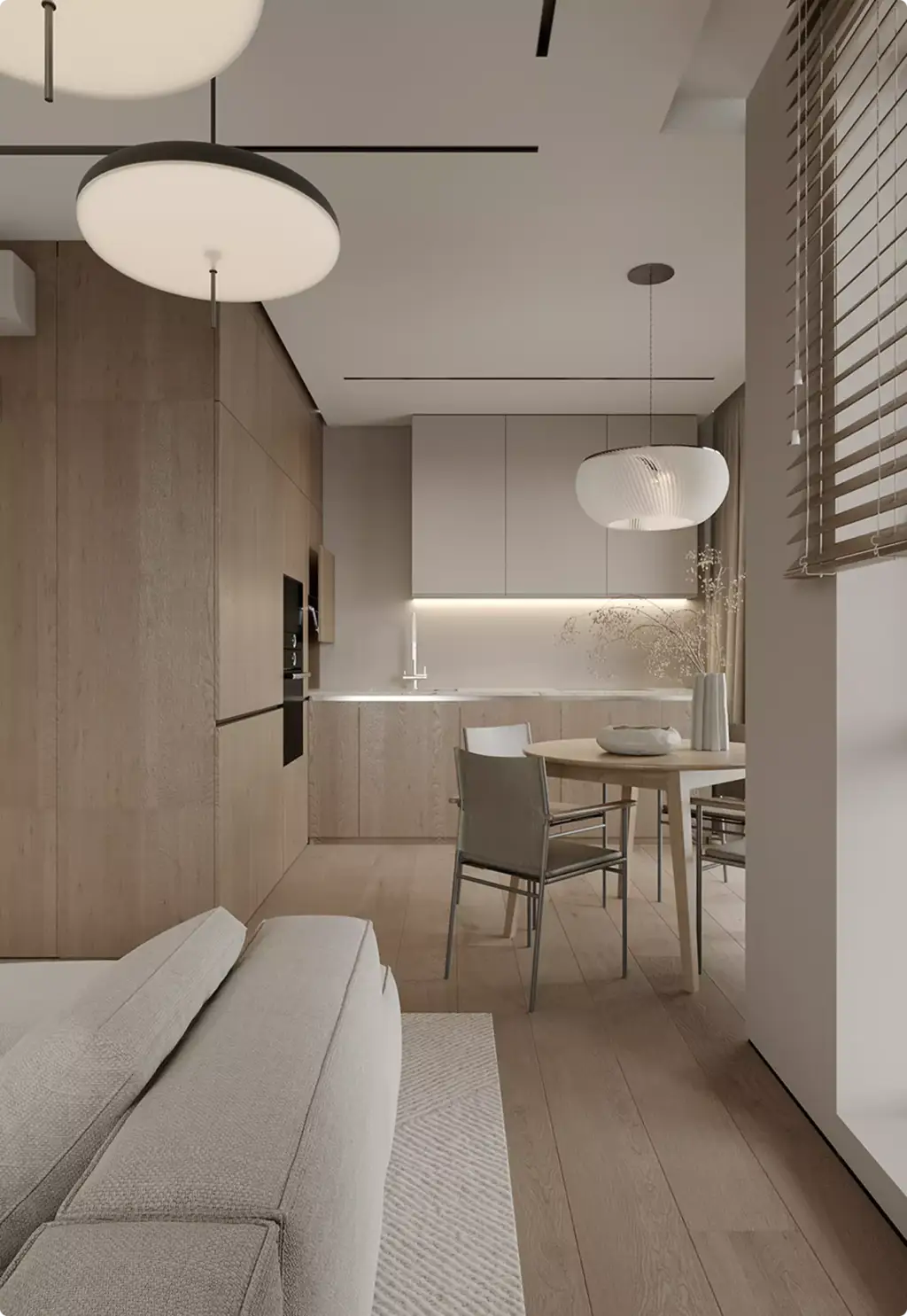 Minimalistische keuken- en eetruimte in 3D-interieurvisualisatie met houten kasten en hanglampen