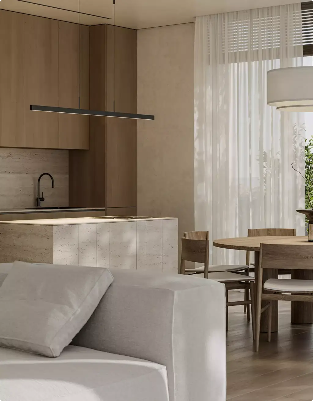 Modern keukeneiland en eettafel in 3D-interieurvisualisatie met vitrages