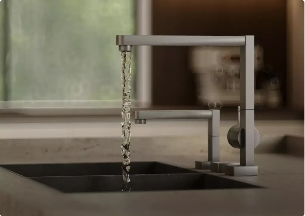 3D-interieurvisualisatie van een keukenspoelbak met moderne kraan, stromend water, werkblad en raam
