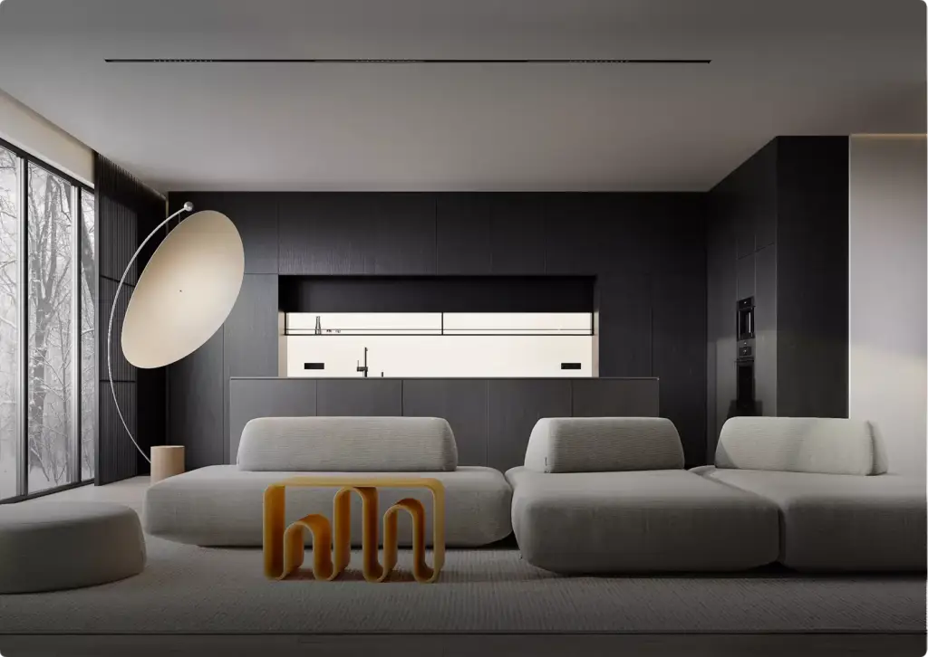 3D-interieurvisualisatie van een moderne woonkamer met modulaire bank, zwarte keukenwand en grote vloerlamp