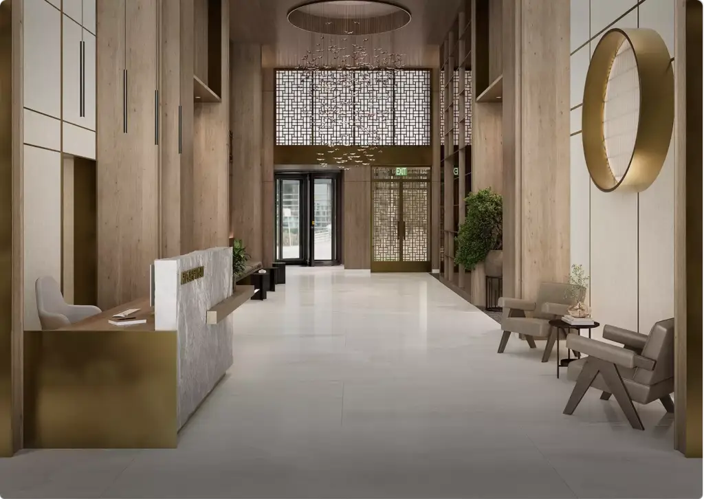 3D-interieurvisualisatie van een lobby met receptiebalie, houten wanden, loungestoelen en decoratieve plafondlampen