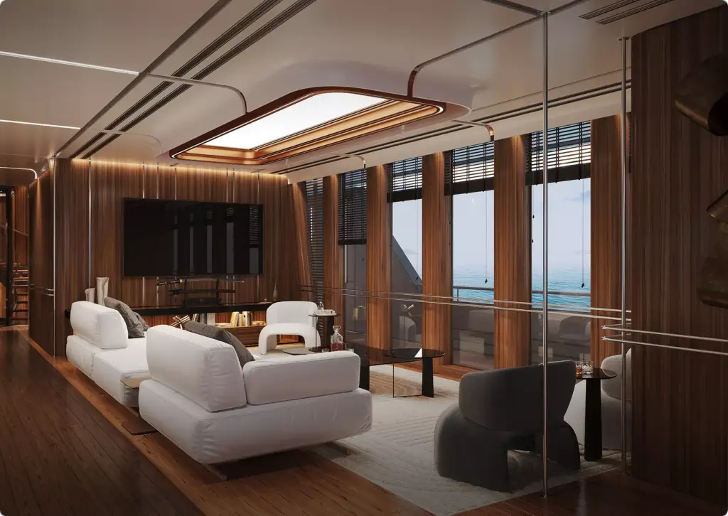 3D-interieurvisualisatie van een luxe woonkamer met houten wandpanelen, witte bank, grote ramen en zeezicht
