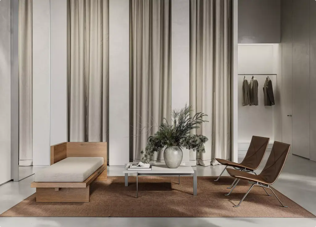 Luxe loungezitplaatsen in 3D-interieurvisualisatie met leren stoelen en zachte gordijnen