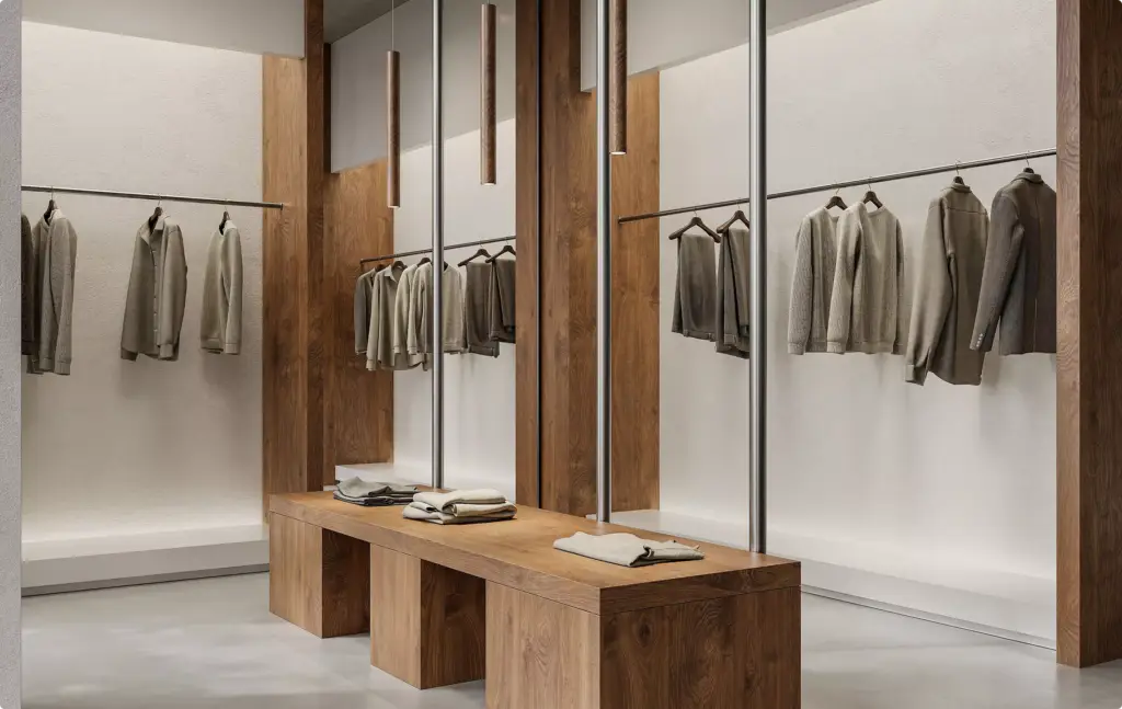 Minimalistische kledingboetiek in 3D-interieurvisualisatie met houten displays en neutrale kleding
