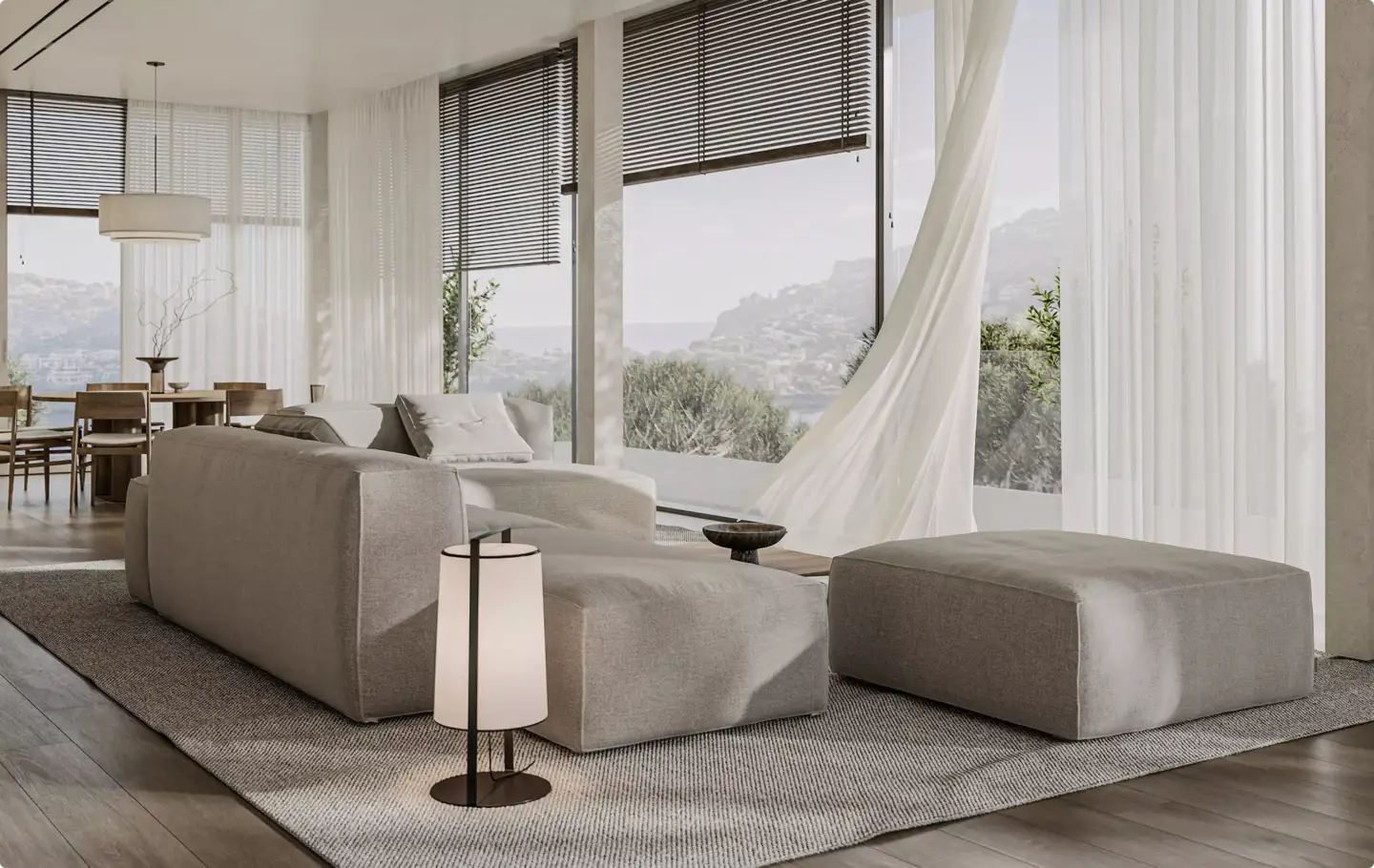 Minimal living room with large windows in 3D Interior Rendering and soft neutral furniture