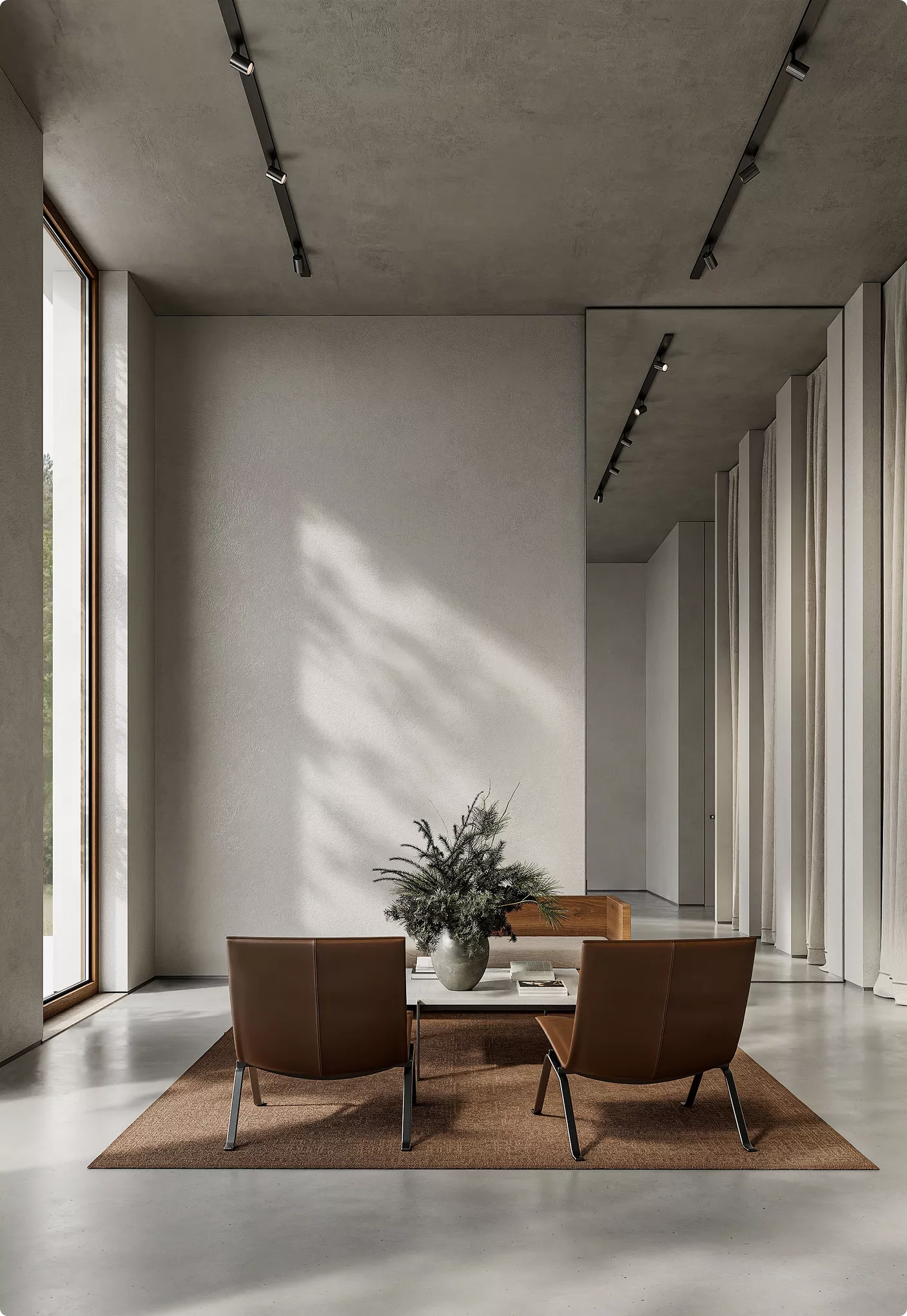 Wabi-sabi interior with a textured plaster wall and soft natural light