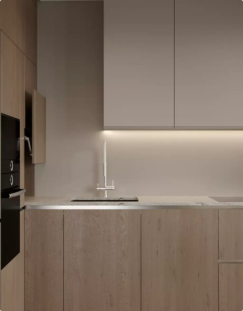 Minimalistische keukenspoelbak en houten kasten in 3D-interieurvisualisatie met verlichting onder de kastjes