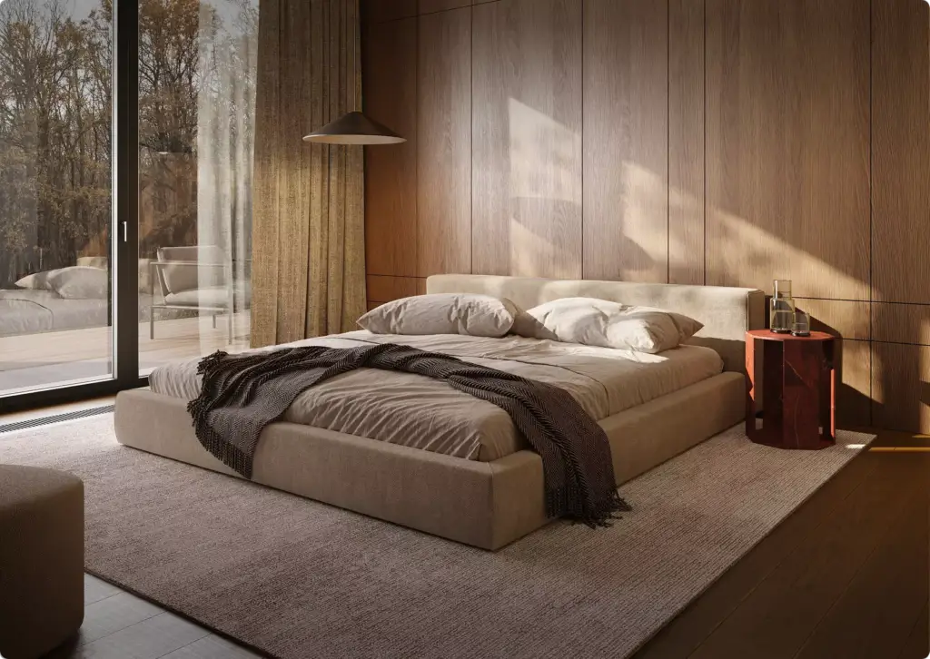 3D-interieurvisualisatie van een moderne slaapkamer met laag bed, houten wandpanelen, groot raam en zacht daglicht