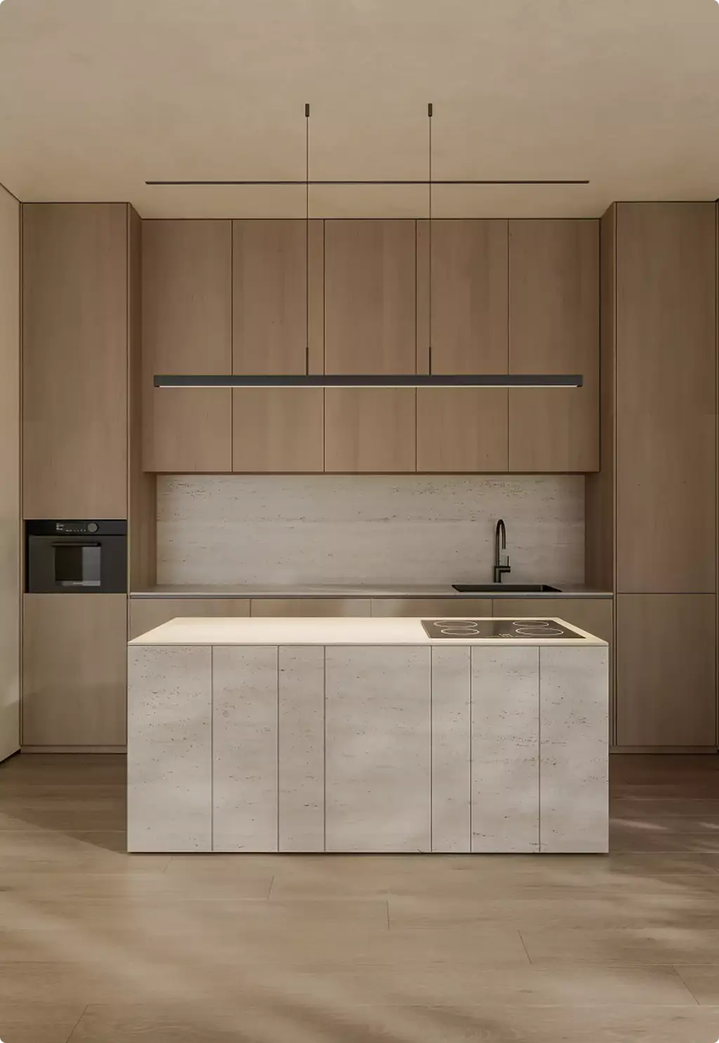 Moderne houten keuken met stenen eiland in 3D-interieurvisualisatie en lineaire hanglampen