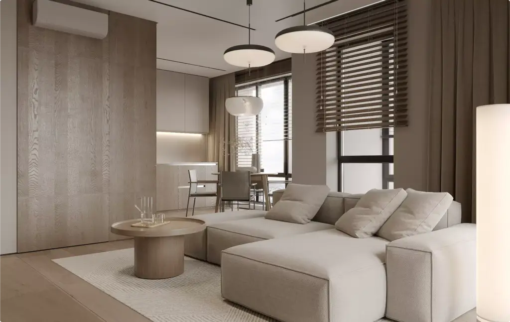 Moderne woonkamer met hoekbank in 3D-interieurvisualisatie en warme houtaccenten