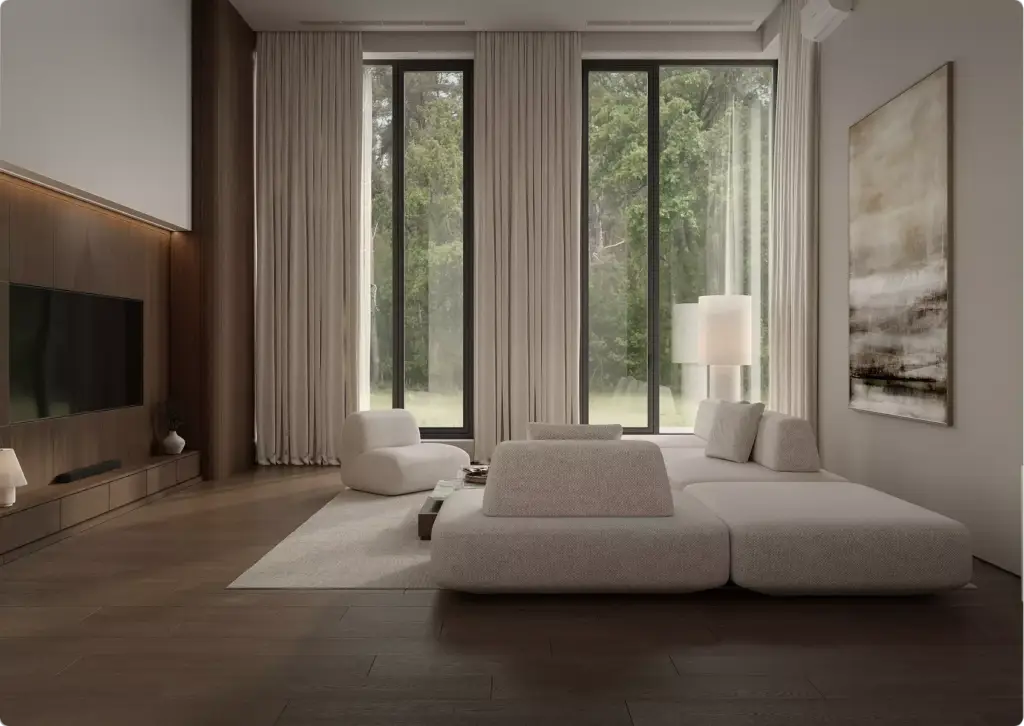 3D-interieurvisualisatie van een moderne woonkamer met lage bank, hoge ramen, vitrages en bosuitzicht
