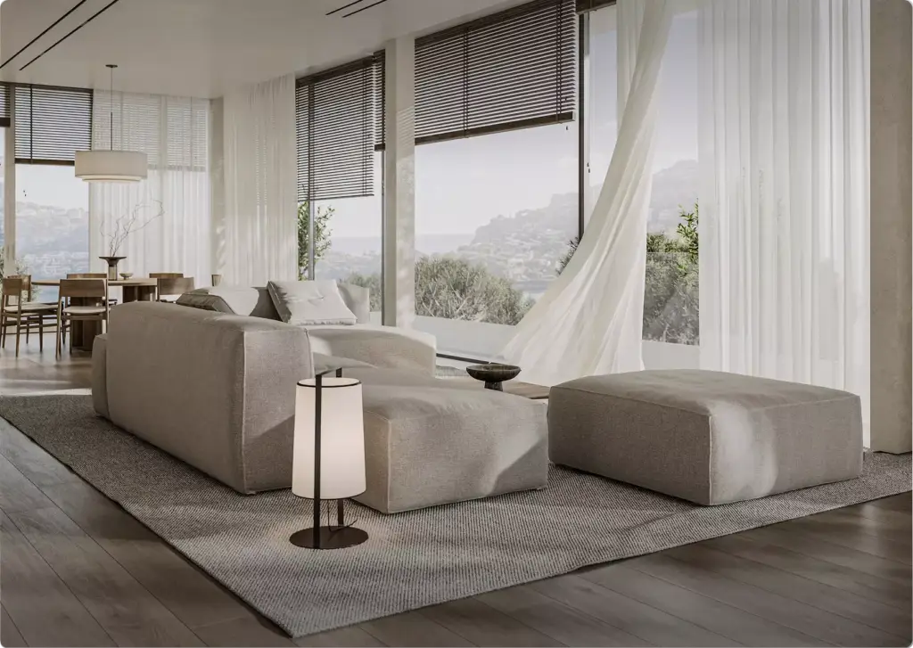 3D-interieurvisualisatie van een moderne woonkamer met beige bank, grote ramen, vitrages en bergzicht