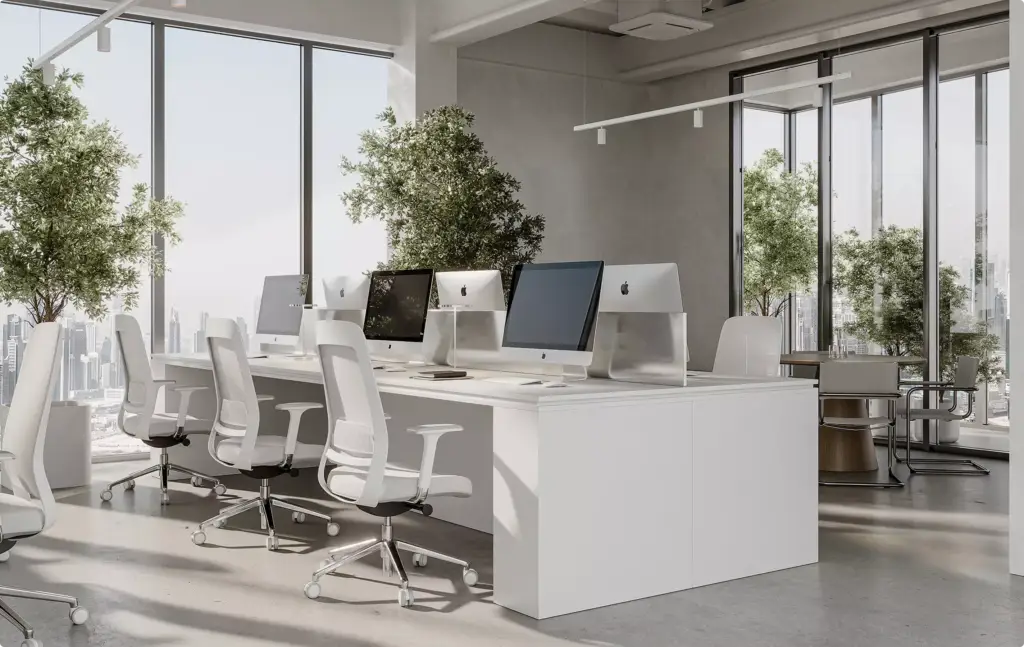 Moderne kantoorwerkplek met witte bureaus in 3D-interieurvisualisatie en raampartijen van vloer tot plafond