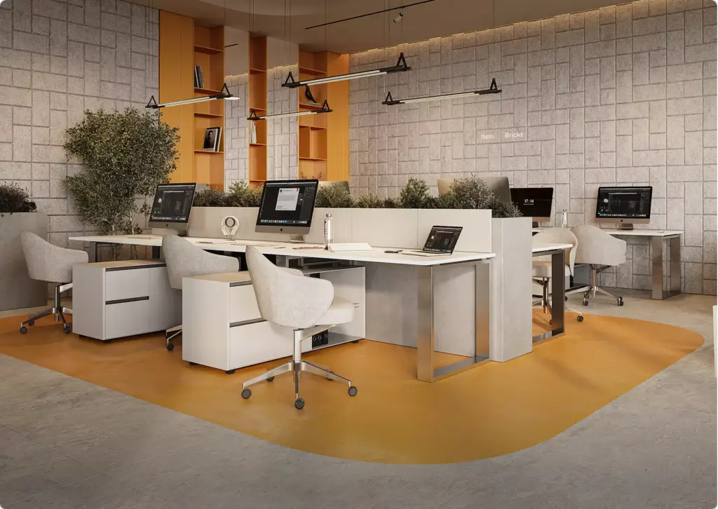 3D-interieurvisualisatie van een moderne kantoorwerkplek met bureaus, computers, stoelen, planten en structuurwand