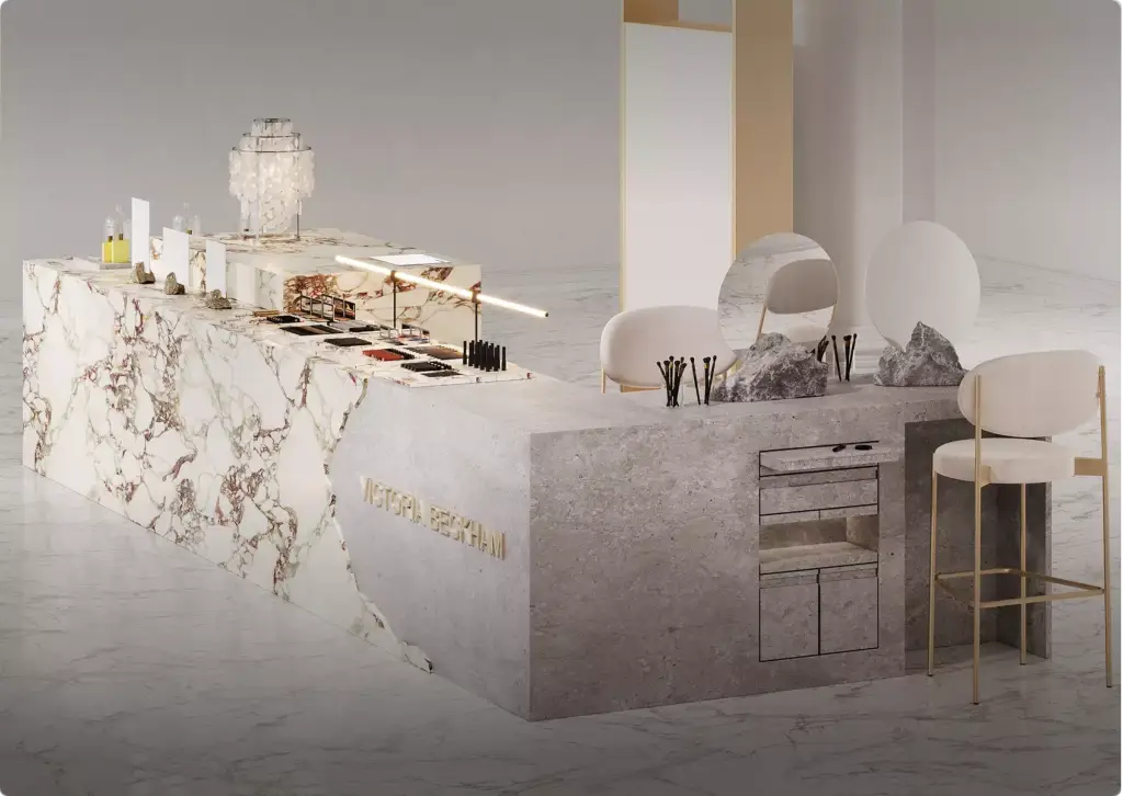 3D-interieurvisualisatie van een luxe winkelbalie met marmeren oppervlakken, make-updisplay, spiegels en stoelen