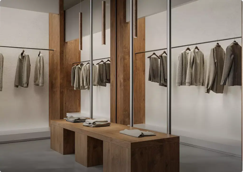 3D-interieurvisualisatie van een kledingwinkel met hangende kleding, houten meubels, spiegels en een zitbank