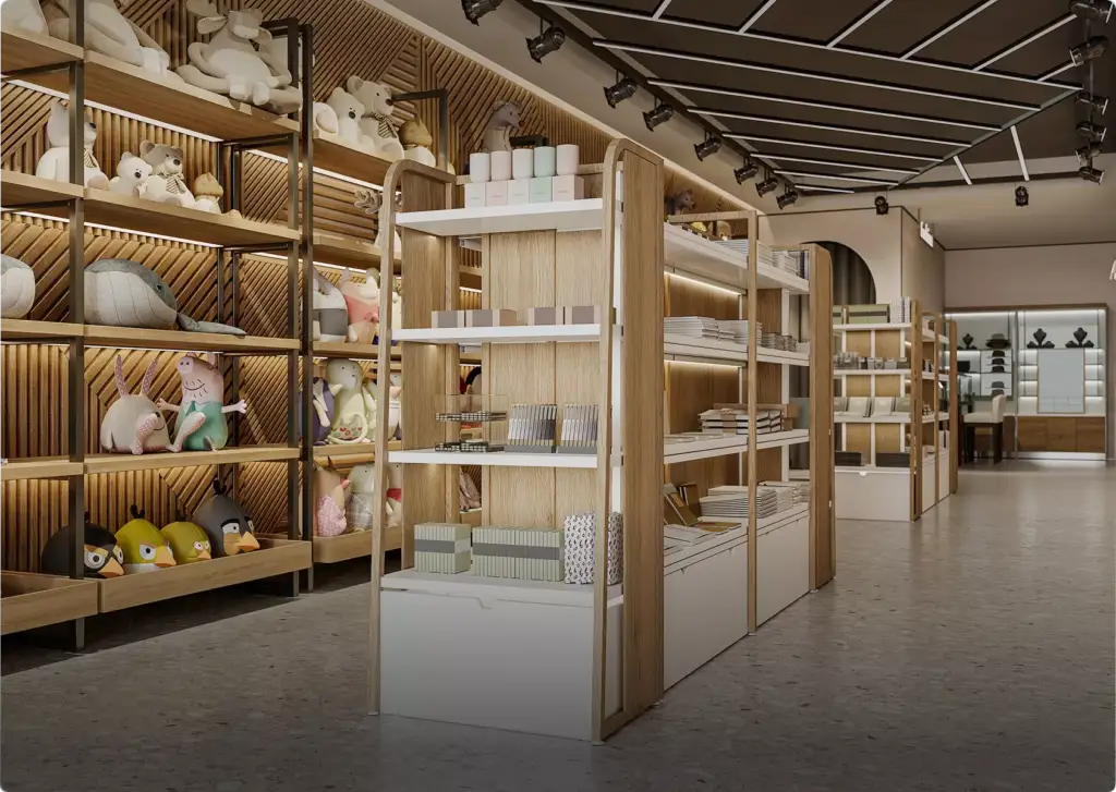 3D-interieurvisualisatie van een winkel met houten schappen, speelgoed, boeken, displayrekken en plafondverlichting