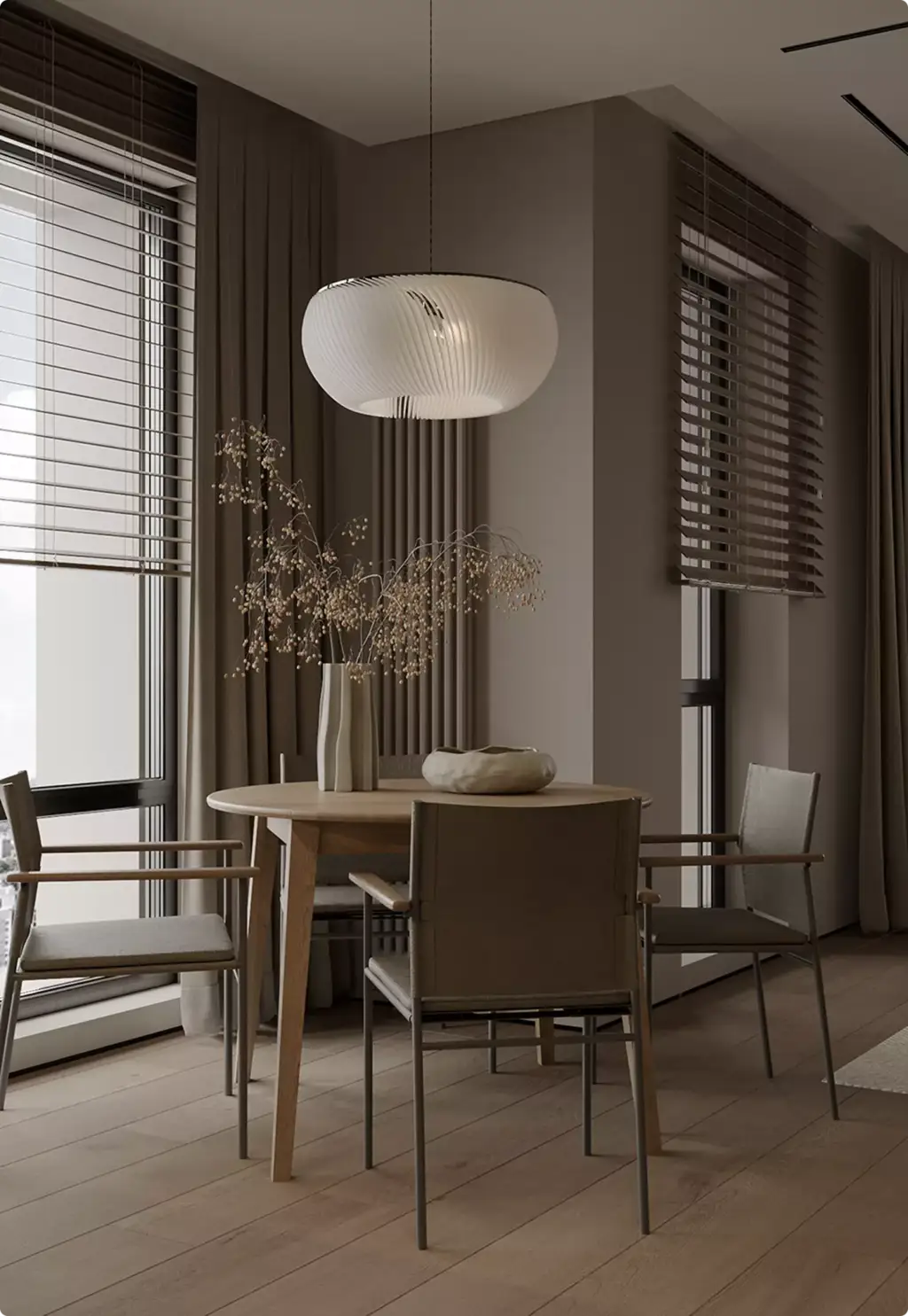 Ronde eettafel met hanglamp in 3D-interieurvisualisatie naast hoge ramen