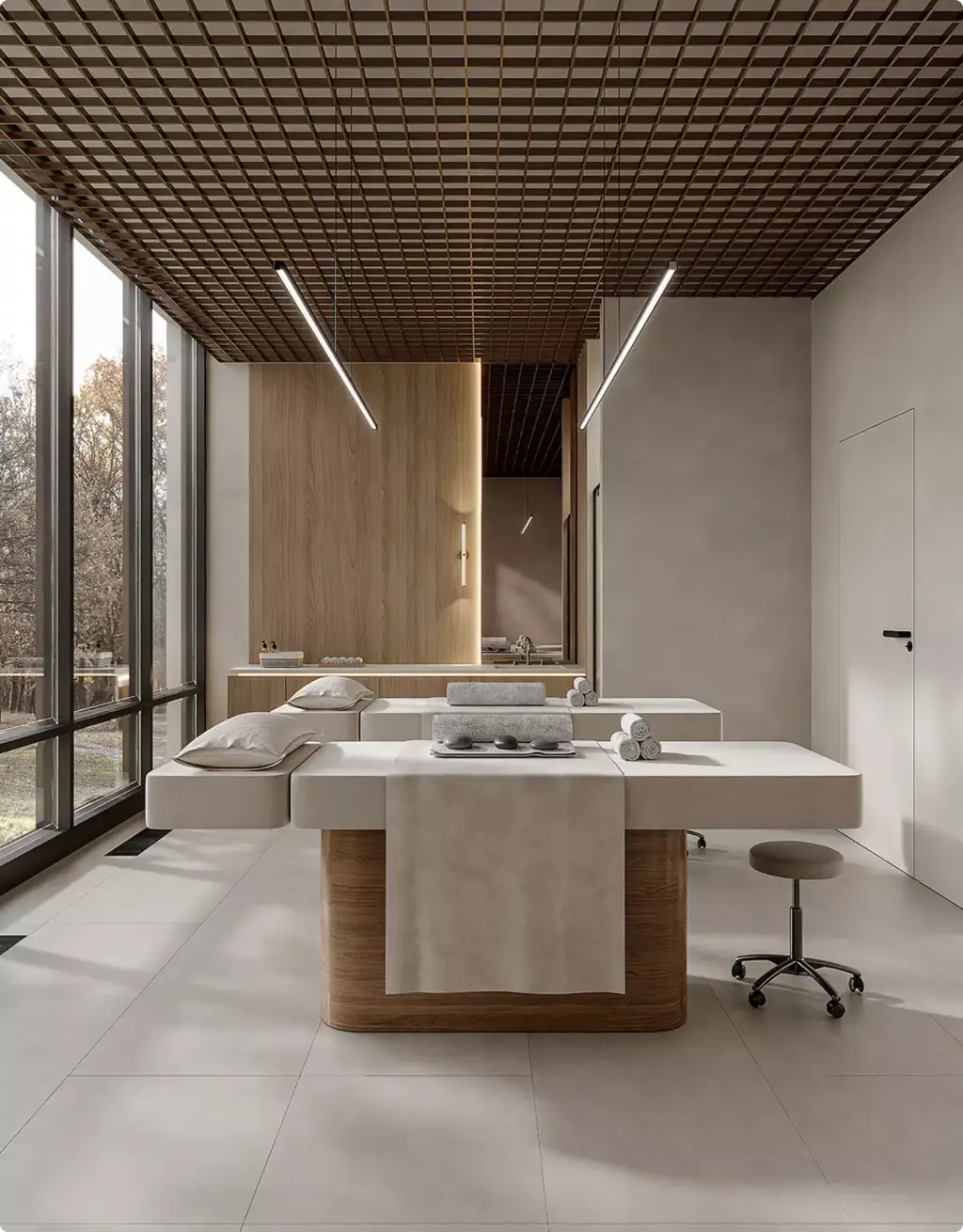 Behandelruimte van een spa in 3D-interieurvisualisatie met massagetafels en opgevouwen handdoeken