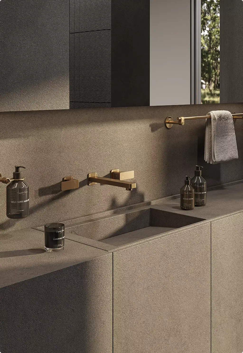 Moderne wastafel met stenen meubel in 3D-interieurvisualisatie en bronzen wandkraan