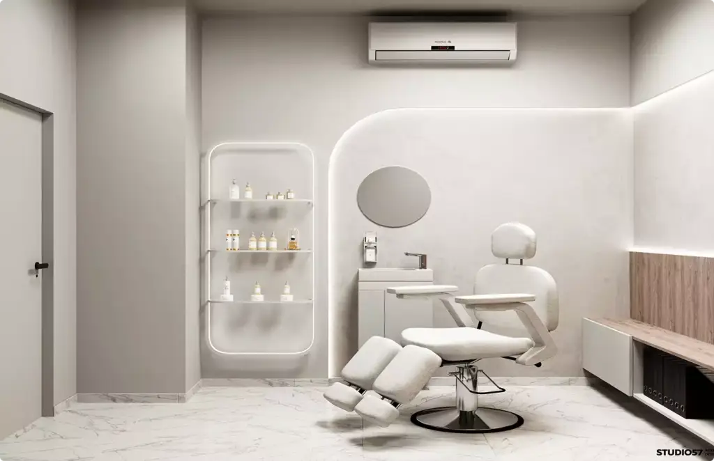 Render of a minimalist beauty treatment room with a reclining chair, curved shelving and soft light