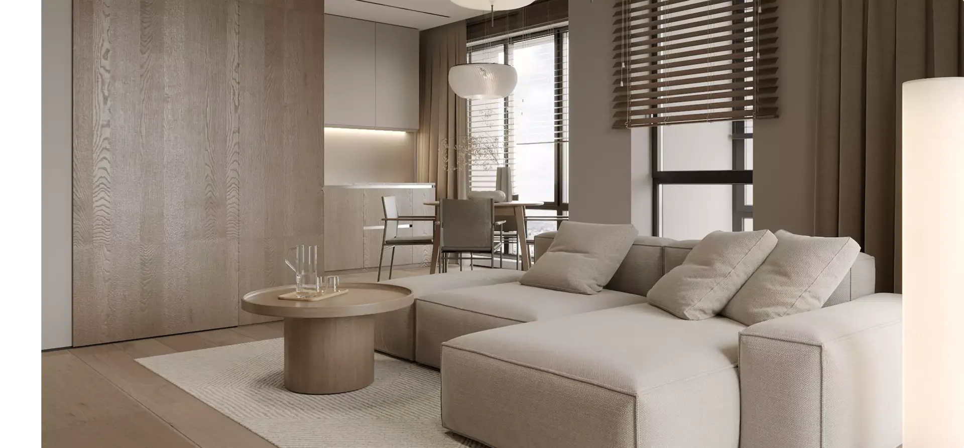 Minimalistische woonkamer in 3D-interieurvisualisatie met zacht beige palet en modern meubilair