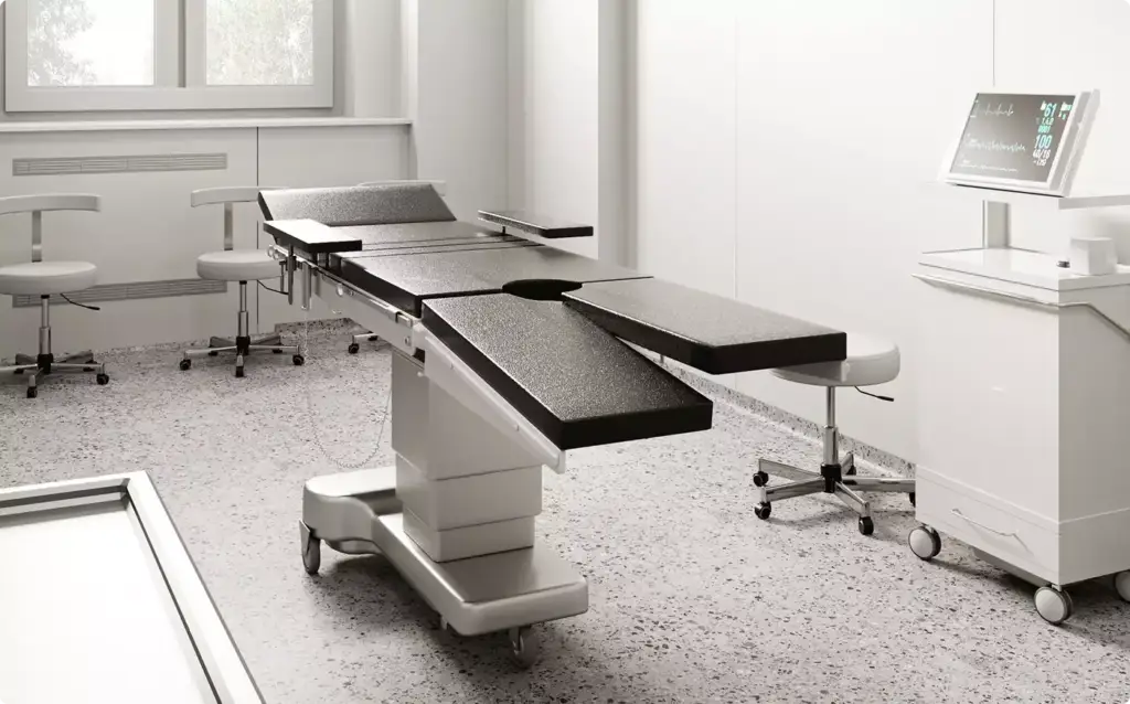 Minimalistische medische behandelkamer met witte wanden en behandelstoel in 3D-interieurvisualisatie