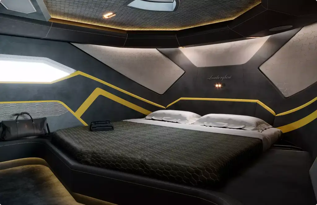 Futuristische slaapkamer met geometrisch wandontwerp en sfeerverlichting in 3D-interieurrender