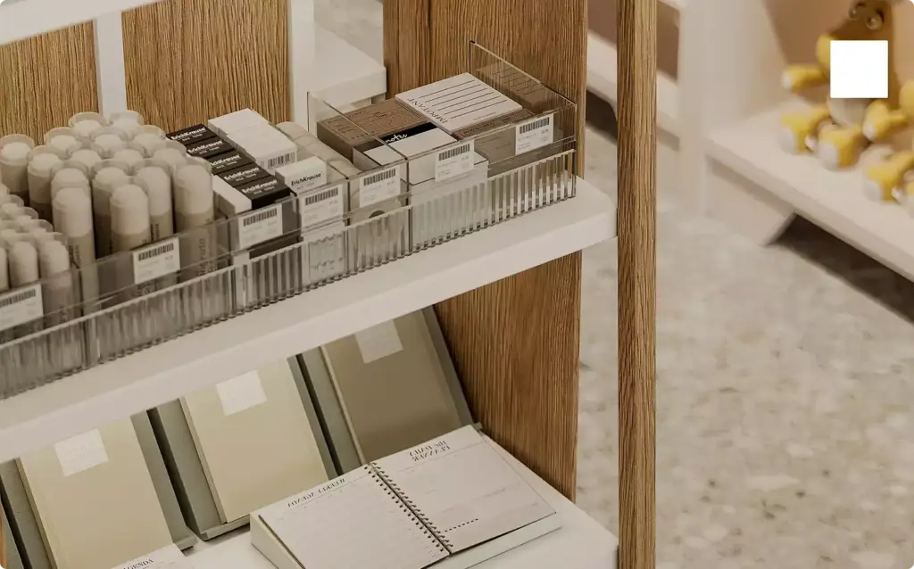 Winkelschappen met verpakte producten en een strakke displayindeling in 3D-interieurvisualisatie
