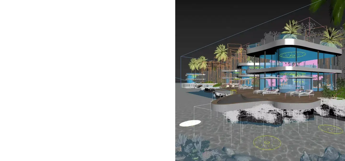 Detailed 3D building model with wireframe elements, Drawing vs 3D Model - What's the difference concept