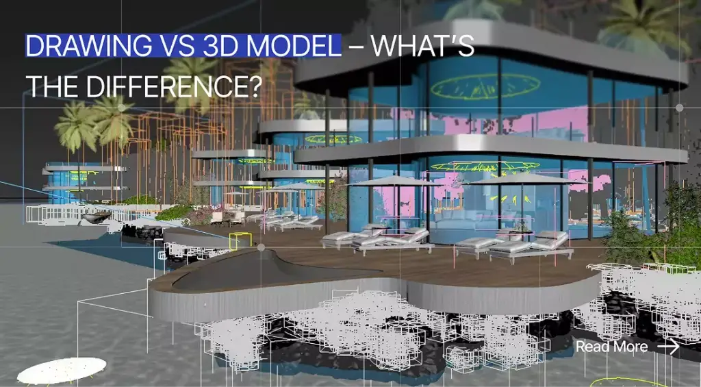 3D architectural model vs drawing overlay, Drawing vs 3D Model - What's the difference with modern villa scene