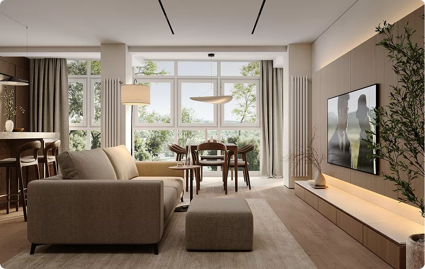 3D-Panorama eines modernen Wohnzimmers mit Sofa, Esstisch, großen Fenstern und TV-Wand