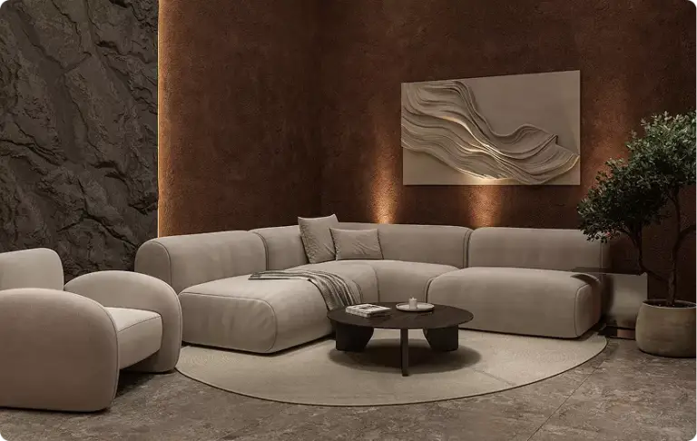 Interior render with artificial lighting in modern living room, curved sofa, coffee table and textured wall panel