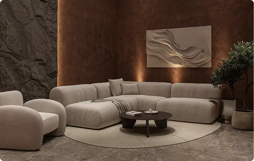 Interieurrender met kunstlicht in een moderne woonkamer met gebogen bank, salontafel en structuurwandpaneel